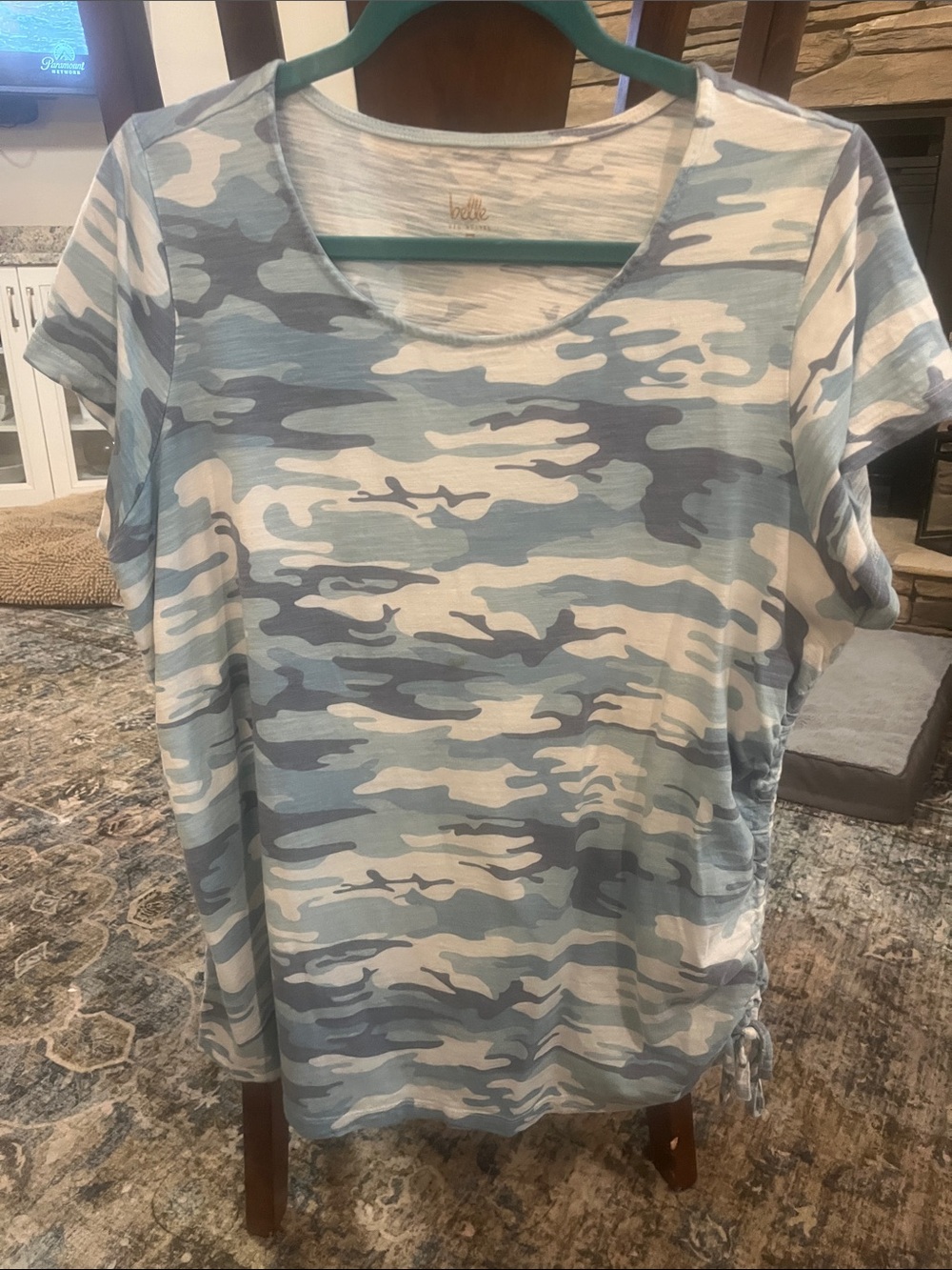 Belle by Kim Gravel Light Blue and White Camo Scoop Neck Tee